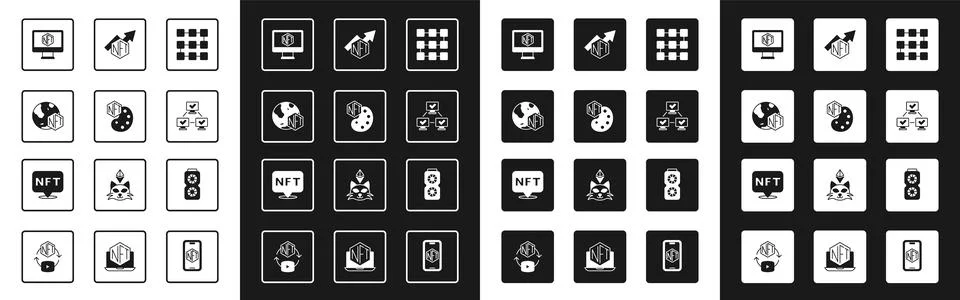 Set NFT blockchain technology, Digital crypto art, Monitor with store app, .. Stock Illustration