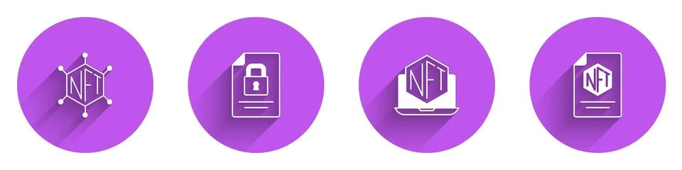 Set NFT blockchain technology, Document and, Laptop with art store app and .. Stock Illustration