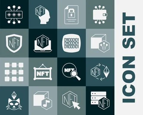 Set NFT blockchain technology, Ethereum exchange, Digital crypto art, Document 스톡 일러스트