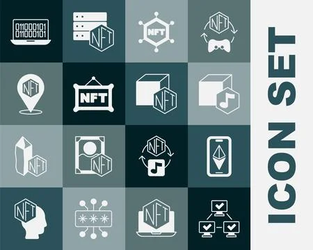 Set NFT blockchain technology, Ethereum ETH, Digital crypto art, Binary cod.. Ilustración de archivo