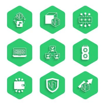 Set NFT blockchain technology, shield, growth bar chart, Video graphic card,  스톡 일러스트