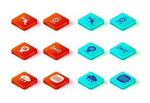 Set NFT cloud, Binary code, Digital crypto art, Cyber security and Search icon Stock Illustration