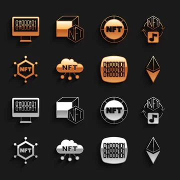 Set NFT cloud, Digital crypto art, Ethereum ETH, Binary code, blockchain Stock Illustration