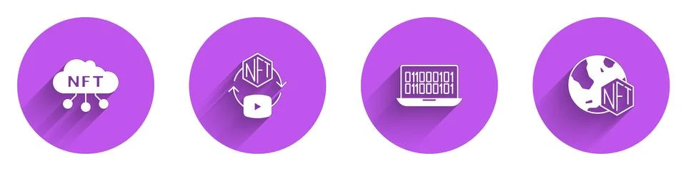Set NFT cloud, Digital crypto art, Binary code and icon with long shadow. Vector Stock Illustration