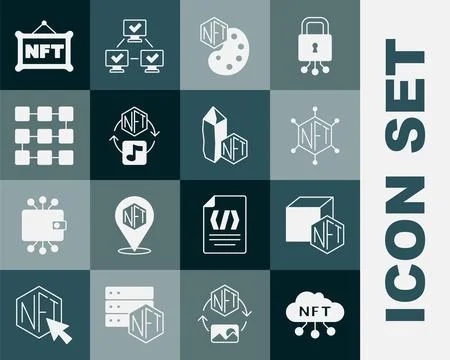 Set NFT cloud, Digital crypto art, blockchain technology,  and  icon. Vector Stock Illustration