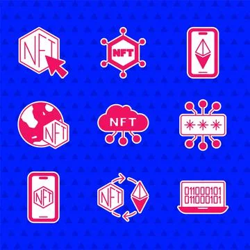 Set NFT cloud, Ethereum exchange, Binary code, Cyber security, Mobile with art Stock Illustration