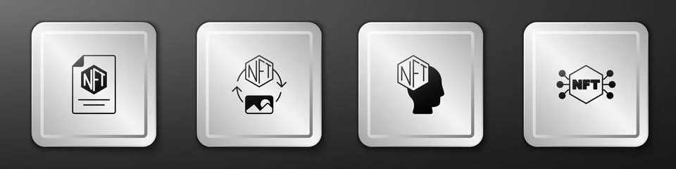 Set NFT contract, Digital crypto art, and icon. Silver square button. Vector Stock Illustration