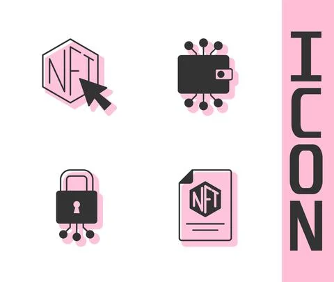 Set NFT contract, Digital crypto art, Cyber security and Cryptocurrency wallet Illustrazione stock