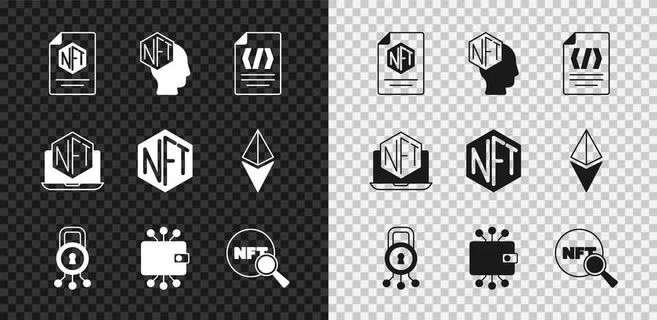 Set NFT contract, Digital crypto art, Binary code, Cyber security, Cryptocu.. Stock Illustration