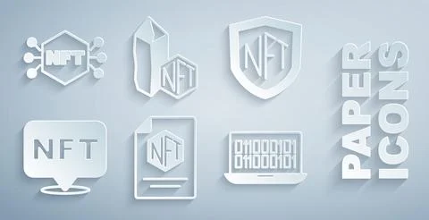 Set NFT contract, shield, Digital crypto art, Binary code, and icon. Vector Stock Illustration