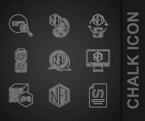 Set NFT Digital crypto art, Binary code, Monitor with store app, Video graphic Illustrazione stock