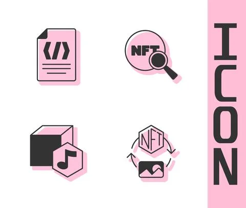 Set NFT Digital crypto art, Binary code, and Search icon. Vector イラスト素材