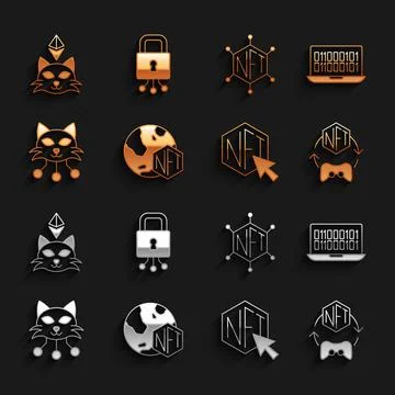 Set NFT Digital crypto art, Binary code, blockchain technology, and Cyber Stock Illustration