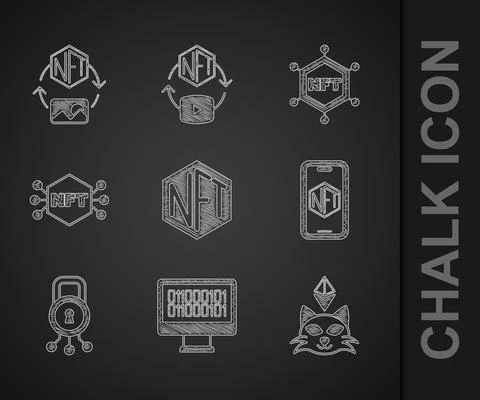Set NFT Digital crypto art, Binary code, Mobile with store app, Cyber security Stock Illustration