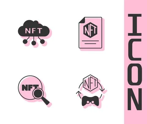 Set NFT Digital crypto art, cloud, Search and contract icon. Vector Stock Illustration