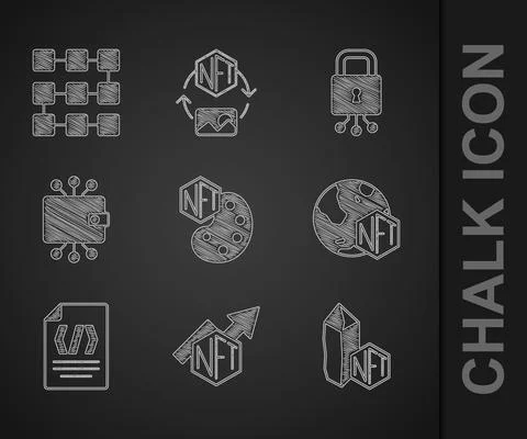 Set NFT Digital crypto art, growth bar chart, Binary code, Cryptocurrency wallet Illustrazione stock