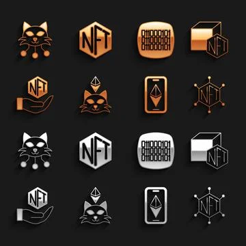 Set NFT Digital crypto art, blockchain technology, Ethereum ETH, Binary code 库存插图