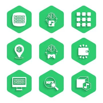 Set NFT Digital crypto art, Search, Cryptocurrency wallet, Binary code Stock Illustration