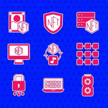 Set NFT Digital crypto art, Binary code, Video graphic card, blockchain 库存插图