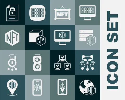 Set NFT Digital crypto art, blockchain technology, Document and and Monitor with Stock Illustration