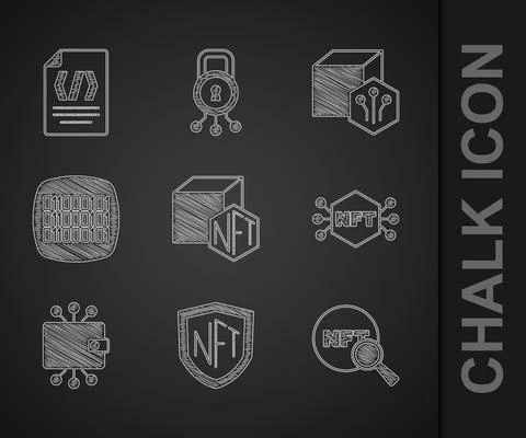 Set NFT Digital crypto art, shield, Search, Cryptocurrency wallet, Binary code Illustrazione stock