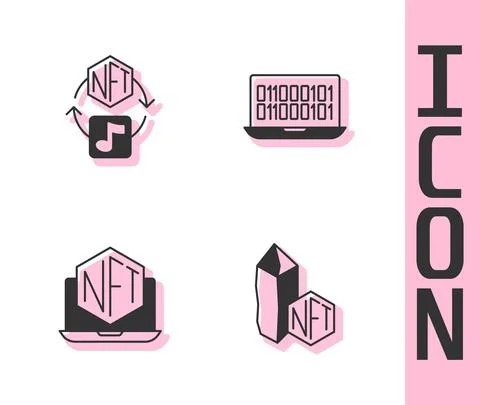 Set NFT Digital crypto art, Laptop with store app and Binary code icon. Vector Illustrazione stock