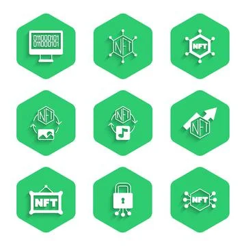 Set NFT Digital crypto art, Cyber security, growth bar chart, blockchain Stockillustratie