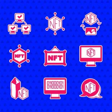 Set NFT Digital crypto art, Binary code, Monitor with store app, blockchain イラスト素材