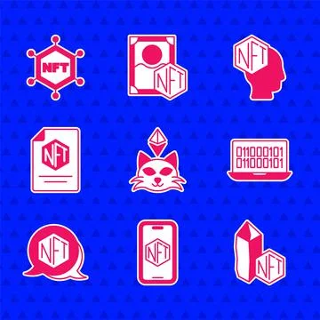 Set NFT Digital crypto art, Mobile with store app, Binary code, contract, and 库存插图