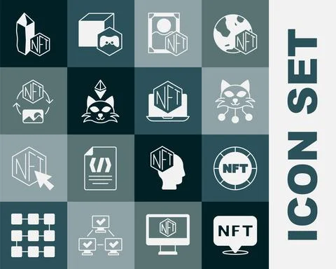 Set NFT Digital crypto art, and Laptop with store app icon. Vector Illustration