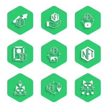 Set NFT Digital crypto art, Ethereum exchange, and growth bar chart icon. Vector Ilustração Stock