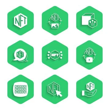 Set NFT Digital crypto art, Binary code, and icon. Vector Stock Illustration