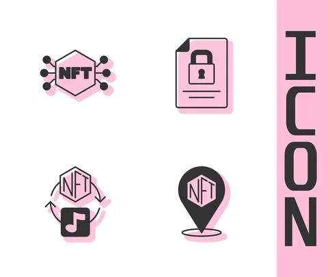 Set NFT Digital crypto art, and Document and lock icon. Vector Stock Illustration