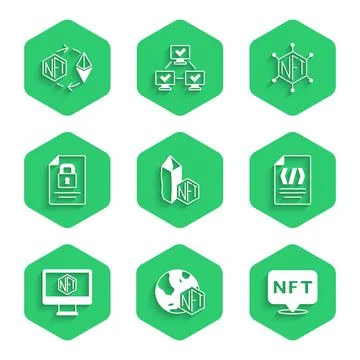 Set NFT Digital crypto art, Binary code, Monitor with store app, Document and 스톡 일러스트