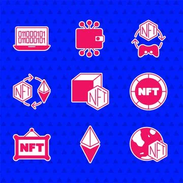 Set NFT Digital crypto art, Ethereum ETH, exchange, and Binary code icon. Vector 스톡 일러스트