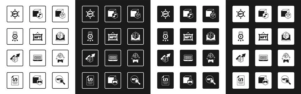 Set NFT Digital crypto art, Cyber security, blockchain technology, Laptop with Illustrazione stock