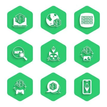 Set NFT Digital crypto art, Ethereum ETH, Search, Binary code and Laptop with Stock Illustration