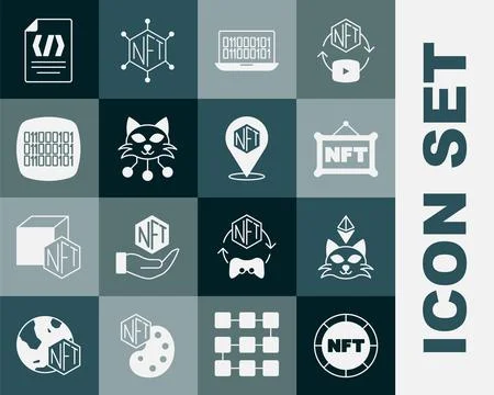 Set NFT Digital crypto art, Binary code, and icon. Vector 库存插图