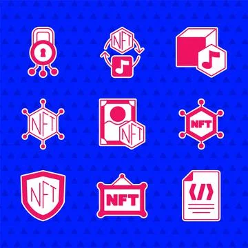 Set NFT Digital crypto art, Binary code, blockchain technology, shield, and 库存插图