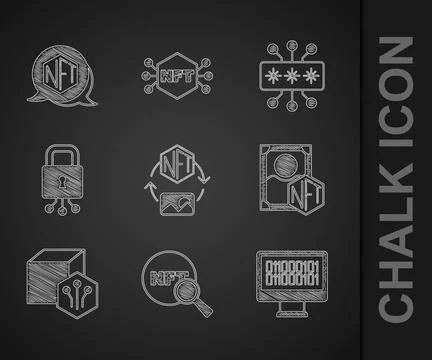 Set NFT Digital crypto art, Search, Binary code, Cyber security, and icon Stock Illustration