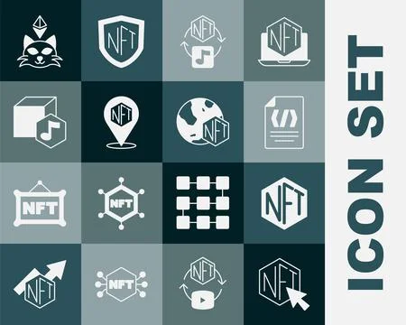 Set NFT Digital crypto art, Binary code, and icon. Vector Stock Illustration