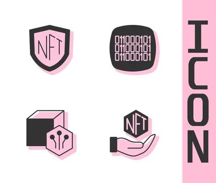 Set NFT Digital crypto art, shield, and Binary code icon. Vector 库存插图