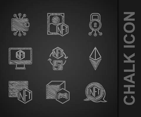 Set NFT Digital crypto art, Ethereum ETH, blockchain technology, Monitor with Ilustración de archivo