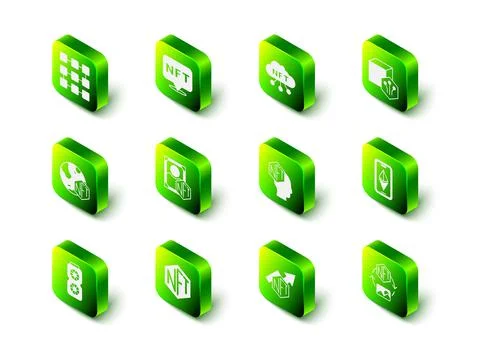 Set NFT Digital crypto art, cloud, Ethereum ETH, growth bar chart and icon Stock Illustration