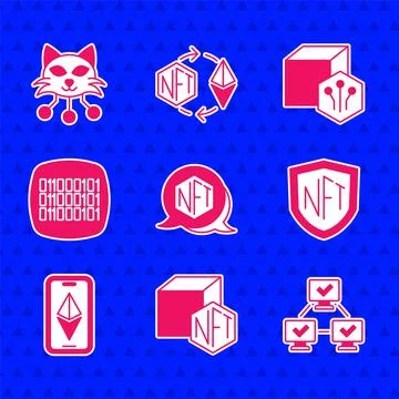 Set NFT Digital crypto art, blockchain technology, shield, Ethereum ETH, Binary Ilustración de archivo