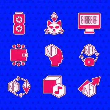 Set NFT Digital crypto art, growth bar chart, Ethereum exchange, Cryptocurrency Illustrazione stock