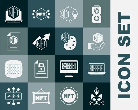Set NFT Digital crypto art, Binary code, Ethereum exchange, growth bar chart Stock Illustration