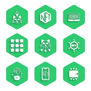 Set NFT Digital crypto art, Mobile with store app, Cryptocurrency wallet Illustrazione stock