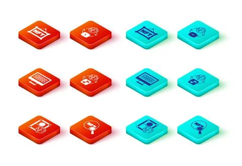 Set NFT Digital crypto art, Search, Binary code, and icon. Vector Stock Illustration