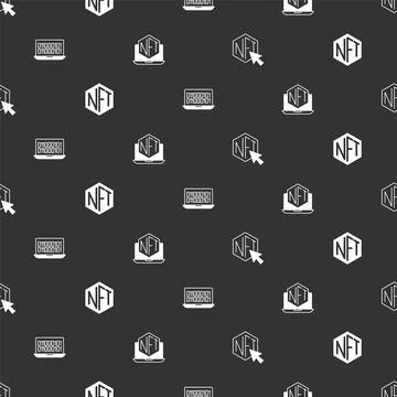Set NFT Digital crypto art, Binary code and Laptop with store app on seamless Stockillustratie